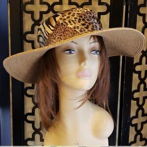 Cappelli Leopard Trim Straw Vacay Beach Hat‎